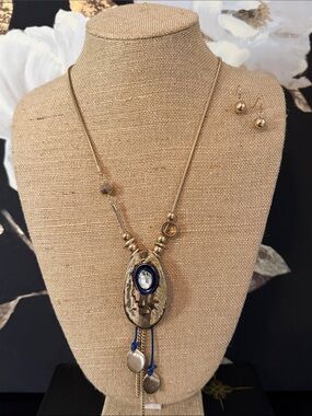 Gold-Tone Pendant Necklace with Blue Accent and Drop Discs